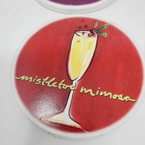 16. Ceramic Martini Mistletoe Mimosa Round Holiday Party Coasters Set of 4 - Picture 5 of 13